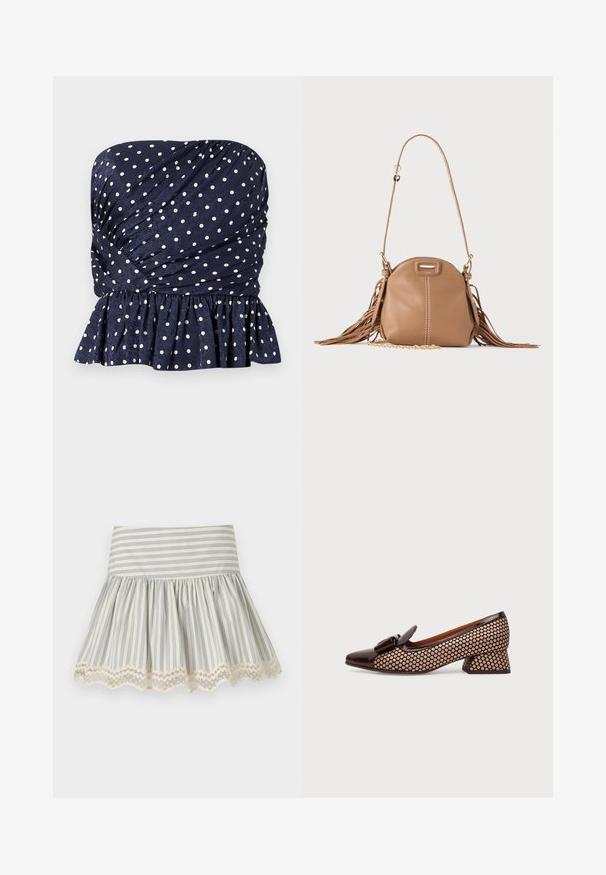 Haut bustier bleu marine à pois blancs, avec tissu froncé et ourlet volanté à la taille.; Jupe blanche à rayures verticales bleu clair, taille froncée et détail d’ourlet festonné en dentelle.; Chaussure à talon bloc bas pour femme avec bout en cuir verni marron et nœud, tige et talon en tissu beige à pois marron foncé, vue de côté.; Petit sac à bandoulière en cuir fauve avec longue bandoulière, détail chaîne dorée et franges des deux côtés sur un fond neutre.