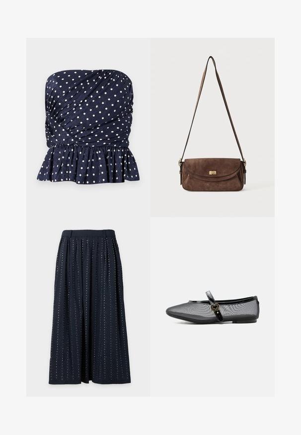 Haut bustier bleu marine à pois blancs, avec tissu froncé et ourlet volanté à la taille.; Jupe plissée bleu marine avec des rangées verticales de petits sequins argentés uniformément espacés sur le tissu.; Chaussure plate Mary Jane en mesh noir avec bride brillante et boucle dorée en forme de cœur, petit talon et bout arrondi sur fond uni.; Sac bandoulière en daim marron avec une longue sangle réglable et une fermeture à tour dorée sur le rabat avant.