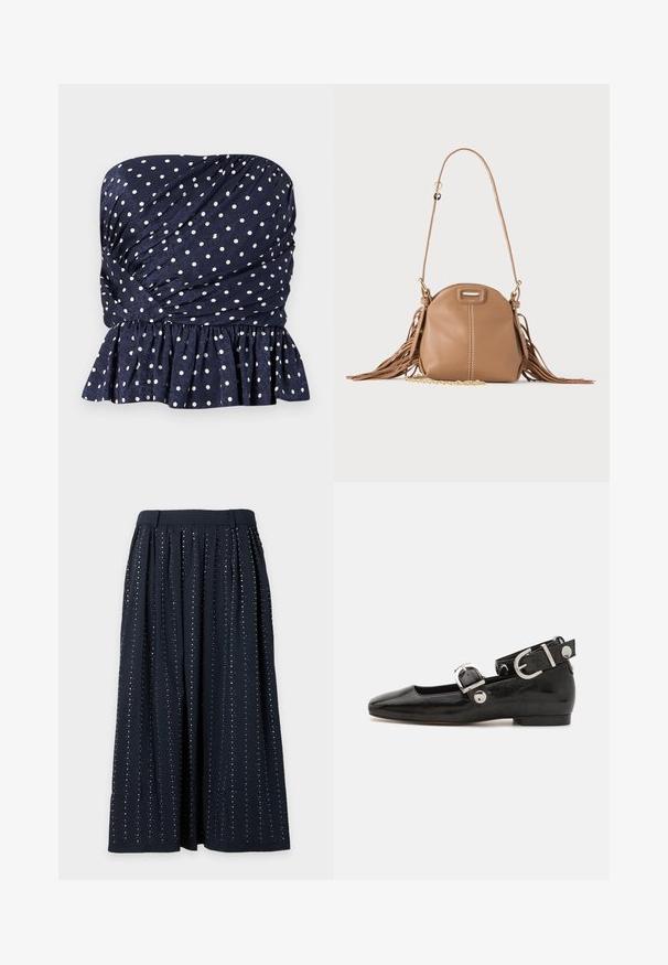 Haut bustier bleu marine à pois blancs, avec tissu froncé et ourlet volanté à la taille.; Jupe plissée bleu marine avec des rangées verticales de petits sequins argentés uniformément espacés sur le tissu.; Ballerine en cuir verni noir avec un bout carré, sangle de cheville avec des détails en métal argenté et semelle plate. Texture lisse avec un design minimaliste.; Petit sac à bandoulière en cuir fauve avec longue bandoulière, détail chaîne dorée et franges des deux côtés sur un fond neutre.