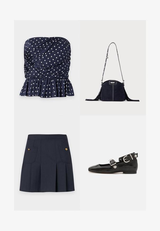 Haut bustier bleu marine à pois blancs, avec tissu froncé et ourlet volanté à la taille.; Jupe à rayures bleu marine foncé avec des plis à l'avant et deux poches à rabat ornées de boutons dorés de chaque côté.; Ballerine en cuir verni noir avec un bout carré, sangle de cheville avec des détails en métal argenté et semelle plate. Texture lisse avec un design minimaliste.; Sac à main en daim bleu foncé avec des coutures blanches, une poignée découpée, une bandoulière à motif et de longues franges des deux côtés.