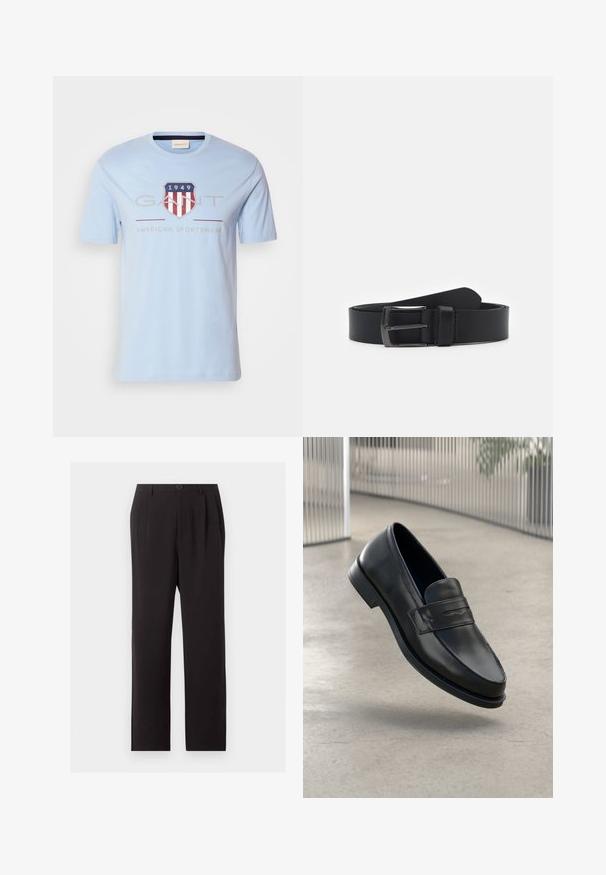 Γαλάζιο βαμβακερό t-shirt με λογότυπο ασπίδας που έχει κόκκινες και λευκές ρίγες, το "1949", και το κείμενο "GANT AMERICAN SPORTSWEAR." Κοντά μανίκια.; Μαύροι ίσιοι παντελόνες με κουμπί και φερμουάρ, θηλιές για ζώνη και διακριτικές πτυχώσεις μπροστά.; Μαύρο δερμάτινο μοκασίνι με λεία υφή, μυτερή μύτη και διακοσμητικό λουράκι στο πάνω μέρος. Ελαφριά σόλα, μινιμαλιστικός σχεδιασμός.; Μαύρη δερμάτινη ζώνη με απαλή υφή, διαθέτει ασημί μεταλλική αγκράφα και κλασικό σχέδιο. Ρυθμιζόμενου μήκους, με μινιμαλιστικό στυλ.