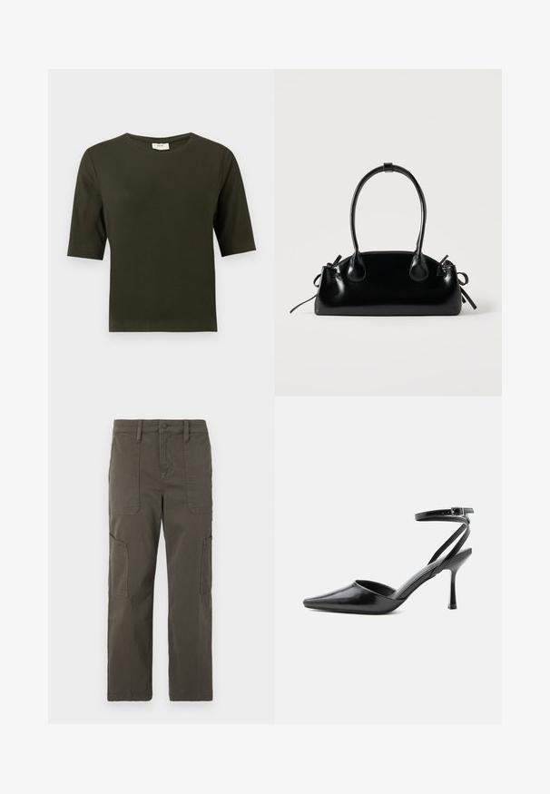 Dunkelgrünes T-Shirt mit kurzen Ärmeln und rundem Halsausschnitt, aus weichem Stoff gefertigt, mit einem schlichten und geraden Schnitt.; Good American CROPPED PANTS - Cargohose - fatigue; Schwarzer spitzer High Heel mit dünnen Knöchelriemen und silberner Schnalle auf einfachem hellem Hintergrund.; Kleine schwarze glänzende Handtasche mit zwei langen Griffen und seitlichen Kordelzug-Details vor einfachem hellem Hintergrund.