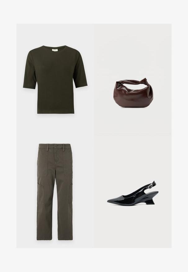 Tmavozelené tričko s krátkym rukávom a okrúhlym výstrihom, vyrobené z jemnej látky, s jednoduchým a rovným strihom.; Good American CROPPED PANTS - Kapsáče - fatigue; Čierna lakovaná slingback topánka so špicatou špičkou a nízkym šikmým blokovým opätkom na jednoduchom svetlom pozadí.; Tmavohnedá kožená kabelka cez rameno s mäkkým, voľným tvarom a držadlom v podobe skrúteného uzla na jednoduchom bielom pozadí.