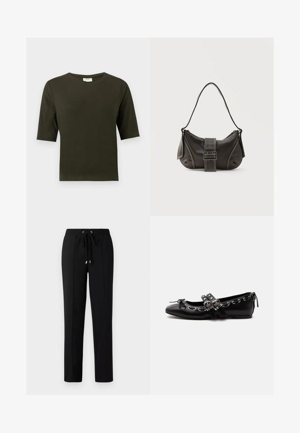 Camiseta de manga corta verde oscuro con cuello redondo, hecha de una tela suave, que presenta un diseño simple y de corte recto.; Pantalones negros con una cintura elástica, cordón de ajuste y detalles de hardware dorado. La tela tiene una textura suave con un diseño de pierna recta.; Zapato de ballet plano negro con correas de doble hebilla, ojales plateados y un pequeño lazo cerca de la puntera redondeada sobre un fondo blanco.; Bolso de hombro de cuero negro con detalle de correa con hebilla, bordes curvos y costuras blancas en contraste sobre un fondo liso.