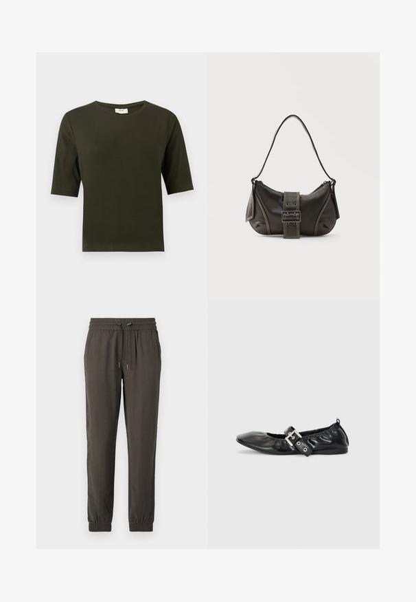 Camiseta de manga corta verde oscuro con cuello redondo, hecha de una tela suave, que presenta un diseño simple y de corte recto.; Pantalones jogger de color verde oscuro, hechos de tela ligera, con una cinturilla elástica con cordón y puños elásticos en los tobillos.; Zapato plano de piel negra con puntera afilada, detalle fruncido alrededor de la abertura y un acento de hebilla plateada en la correa ajustable.; Bolso de hombro de cuero negro con detalle de correa con hebilla, bordes curvos y costuras blancas en contraste sobre un fondo liso.