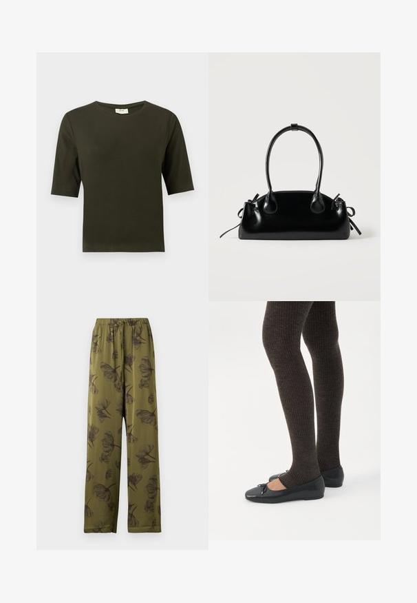 Camiseta de manga corta verde oscuro con cuello redondo, hecha de una tela suave, que presenta un diseño simple y de corte recto.; Pantalones de pierna ancha verde oliva con cintura elástica y patrón de flores negras.; Piernas con leggings oscuros acanalados combinados con bailarinas negras que presentan pequeños detalles de lazo sobre un fondo blanco.; Pequeño bolso negro brillante con dos asas largas y detalles de cordón lateral sobre un fondo claro liso.