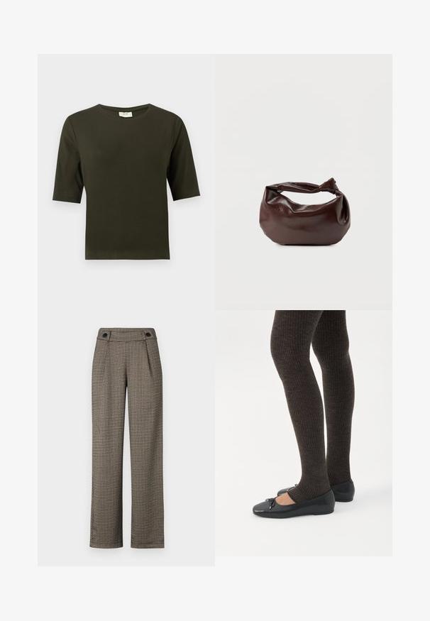 Camiseta de manga corta verde oscuro con cuello redondo, hecha de una tela suave, que presenta un diseño simple y de corte recto.; Pantalones con patrón de cuadros marrones y cintura alta, con pliegues laterales y acentos de botones negros. Fabricados con una tela tejida texturizada.; Piernas con leggings oscuros acanalados combinados con bailarinas negras que presentan pequeños detalles de lazo sobre un fondo blanco.; Bolso de hombro de cuero marrón oscuro con una forma suave y caída, y un asa con nudo torcido sobre un fondo blanco liso.