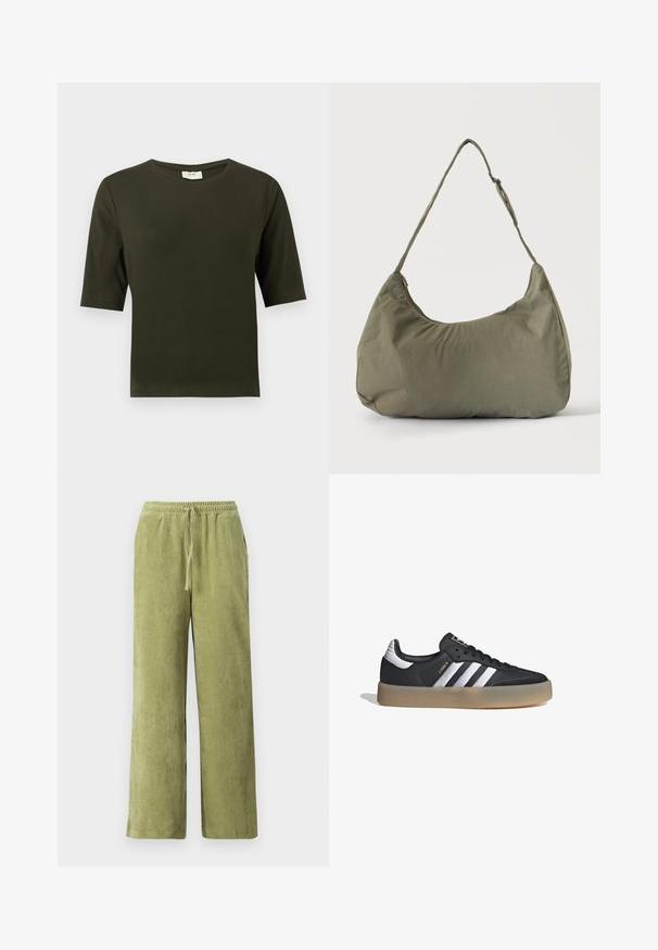Camiseta de manga corta verde oscuro con cuello redondo, hecha de una tela suave, que presenta un diseño simple y de corte recto.; Pantalones de pana verde con un diseño de pierna ancha, cinturilla elástica y detalle de cordón. Las líneas verticales en la tela crean textura.; Zapatilla deportiva de cuero negro con tres rayas plateadas, punta texturizada y suela de goma. Cuenta con un collar acolchado y un diseño con cordones.; Bolso de hombro de tela suave color verde oliva con cierre de cremallera y correa ajustable sobre un fondo liso y claro.