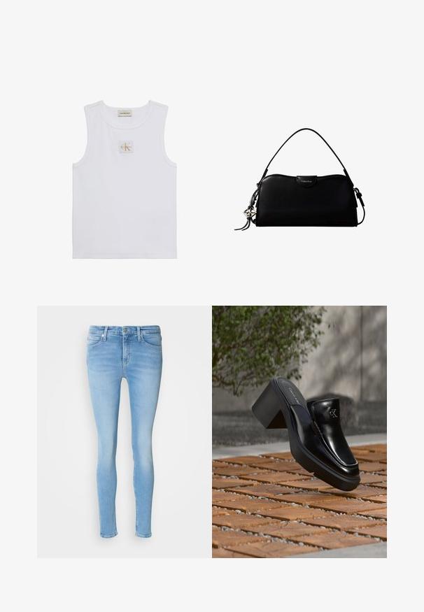 Débardeur blanc sans manches avec étiquette Calvin Klein Jeans sur la poitrine et une étiquette près de l'encolure sur fond blanc uni.; Jeans skinny bleu clair en denim avec une taille mi-haute, dotés de poches avant, de passants de ceinture et d'une texture lisse.; Mule slip-on en cuir noir Calvin Klein avec talon bloc reposant sur des carreaux en bois à l'extérieur près d'une plante verte et d'un mur gris.; Sac à main rectangulaire noir Calvin Klein avec une seule sangle supérieure, un charm logo argenté et une petite fermeture à rabat sur le devant.