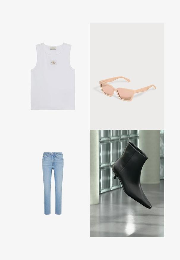 Débardeur blanc sans manches avec étiquette Calvin Klein Jeans sur la poitrine et une étiquette près de l'encolure sur fond blanc uni.; Jean slim bleu clair avec cinq poches, bouton à l’avant et fermeture éclair, présenté sur fond blanc.; Bottine en cuir noir à bout pointu et petit talon kitten, présentée en angle devant un sol poli et un mur en blocs de verre.; Lunettes de soleil rectangulaires couleur pêche clair avec montures épaisses et verres teintés assortis sur un fond uni clair.