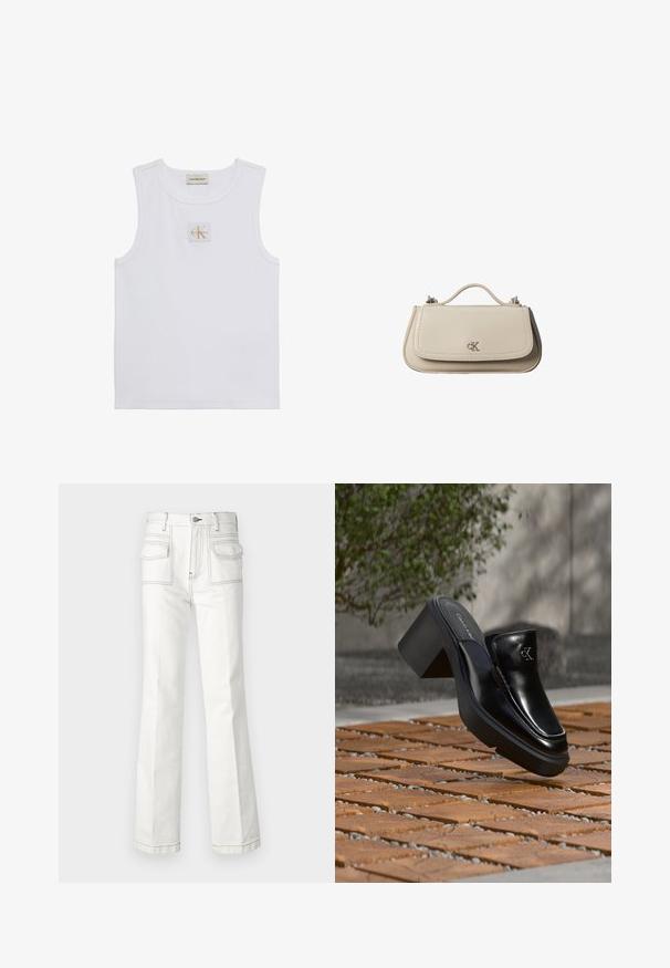 Hvid ærmeløs tanktop med Calvin Klein Jeans-label på brystet og en label nær halsudskæringen på en ensfarvet hvid baggrund.; Hvide denim flared bukser med to frontlommer, kontrastsyning og høj talje. Stoffet er robust med en glat tekstur.; Sort læder Calvin Klein slip-on mule med blokhæl, der hviler på trætøj udendørs nær en grøn plante og en grå væg.; Lille beige læderhåndtaske med top håndtag og sølv CK-logo på frontklap, vist mod en hvid baggrund.
