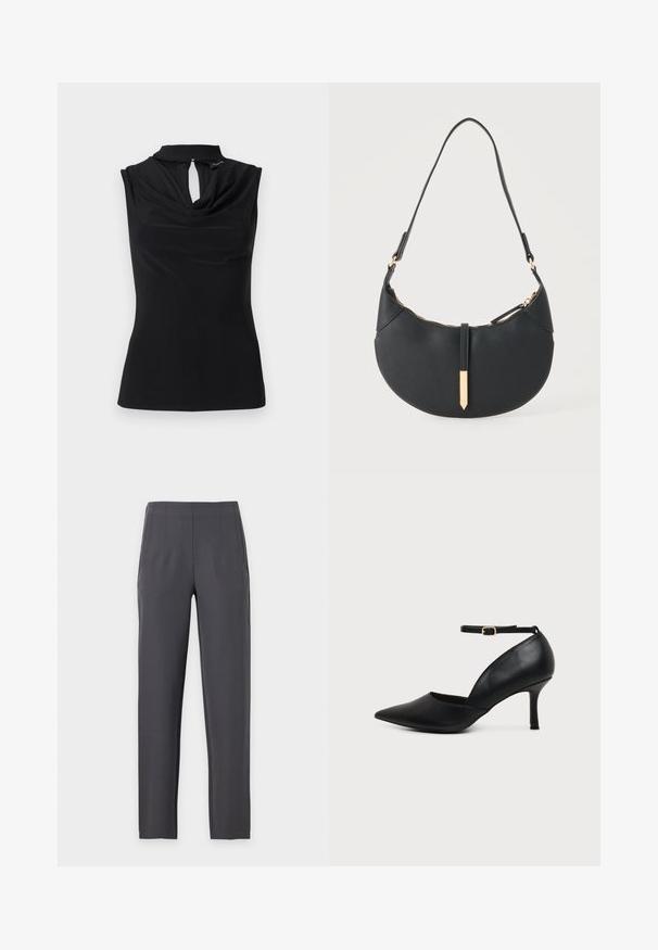 Μαύρο αμάνικο τοπ με πλεγμένο λαιμόκοψη και μικρή σχισμή κάτω από γιακά που στέκεται.; Σκούρα γκρι παντελόνια με ίσια γραμμή και ψηλή μέση, με λεπτές πιέτες μπροστά, εμφανιζόμενα μπροστά σε απλό φωτεινό φόντο.; Μαύρο δερμάτινο παπούτσι με μυτερή μύτη, χαμηλό τακούνι kitten, λουράκι στον αστράγαλο και χρυσή αγκράφα σε ουδέτερο φόντο.; Μαύρη τσάντα χεριού σε σχήμα ημισελήνου με έναν ιμάντα, χρυστό φερμουάρ και χρυσή ορθογώνια διακοσμητική ετικέτα μπροστά.