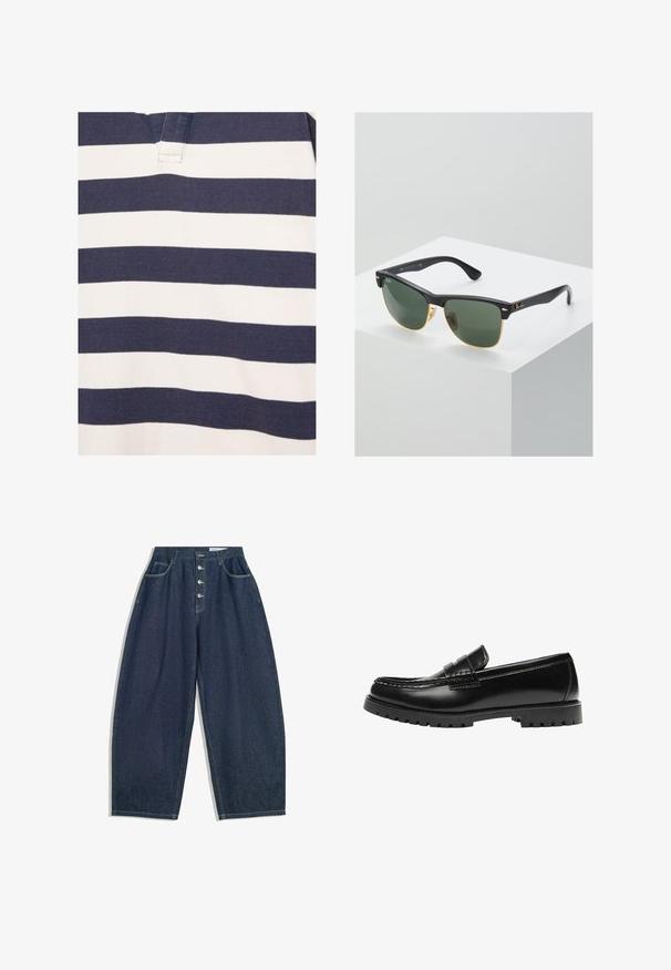 Chemise avec des rayures horizontales bleu marine et blanc, avec un col en V court présentant des détails cousus.; Pantalons en denim bleu foncé à jambes larges avec une taille haute, fermeture à cinq boutons et cinq poches. Présente des accents de couture sur les coutures.; Mocassin en cuir noir avec une semelle en caoutchouc épaisse et un détail classique de bride à monnaie, vu de côté extérieur.; Lunettes de soleil Ray-Ban avec des verres verts, monture en plastique noir et accents dorés sur les bords. Forme carrée avec une finition mate.