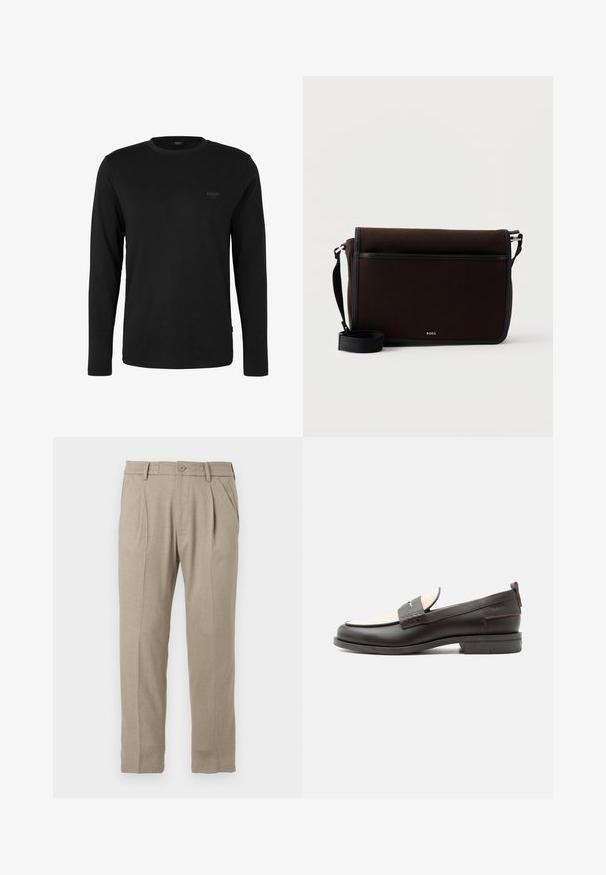 Zwart shirt met lange mouwen en ronde hals met klein "JOOP! JEANS" logo op de linkerborst, weergegeven op een effen witte achtergrond.; Beige op maat gemaakte broeken met een rechte voorkant, twee plooien en een knoopsluiting. Gemaakt van een gladde, lichte stof met rechte pijpen.; Donkerbruine leren herenloafer met crèmekleurig stoffen paneel en klassiek doorgestikt riemdetail, platte zool en trekhaak bij de hak.; Donkerbruine stoffen boodschappentas met verstelbare zwarte riem en klein zilveren "BOSS"-logo op de voorflap.