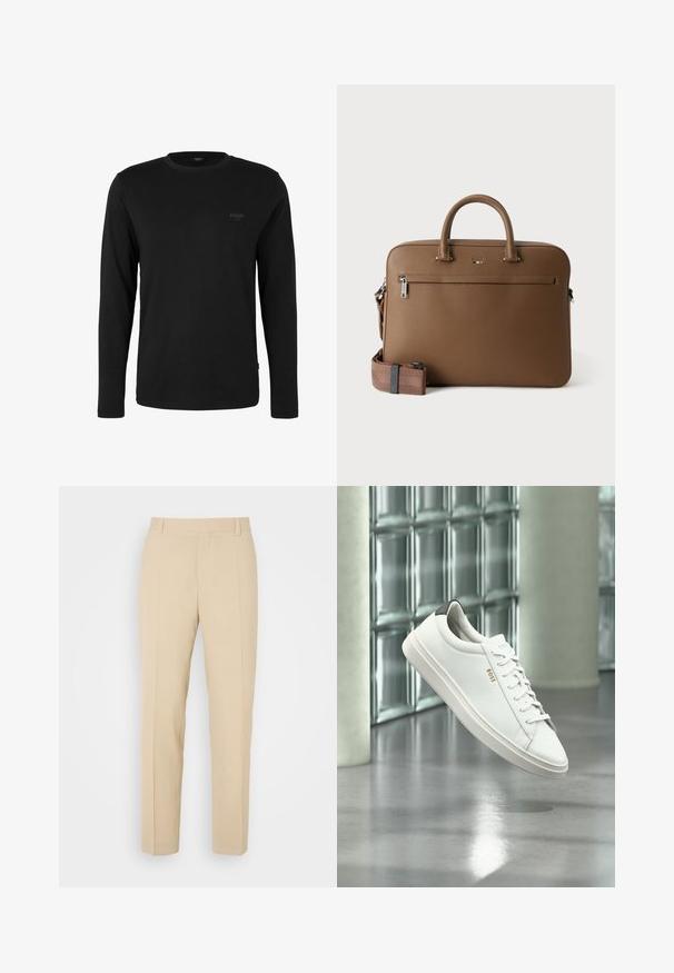 Zwart shirt met lange mouwen en ronde hals met klein "JOOP! JEANS" logo op de linkerborst, weergegeven op een effen witte achtergrond.; Beige op maat gemaakte broek met een recht gesneden ontwerp, gemaakt van lichtgewicht stof, met twee voorzakken en nette, geplooide vouwen.; Witte leren lage sneaker met veters, zwarte hielstrook en "BOSS"-logo, zwevend binnenshuis bij een glazen stenen muur en gepolijste vloer.; Bruine leren aktetas met bovenhandvatten, voorvak met ritssluiting en afneembare bijpassende schouderriem op witte achtergrond.