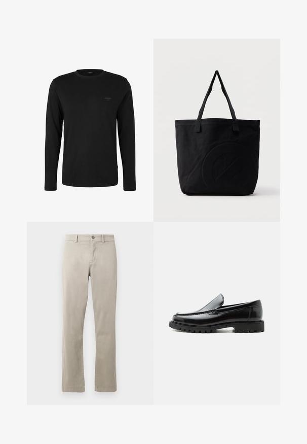 Must pikkade varrukatega t-särk ümmarguse kaelusega, vasakul rinnal väike "JOOP! JEANS" logo, esitatud valgel taustal.; Beesidised puuvillased chinos sirge säärega, nupuga kinnitamine ja esikoti taskud. Sile tekstuur koos peente õmblustähtedega.; Mustast nahast loafers, millel on robustne kummist tald, õmmeldud pealne ja reljeefsete tähtedega brändinimi kannal, külgvaates valgel taustal.; Mustast lõuendist käekott kahe õlarihmaga ja esiküljel õrn reljeefne ringikujuline muster.