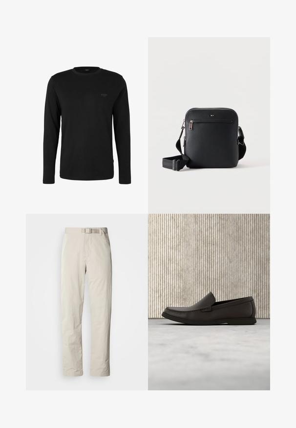 Zwart shirt met lange mouwen en ronde hals met klein "JOOP! JEANS" logo op de linkerborst, weergegeven op een effen witte achtergrond.; Beige broek met een rechte pijp design, gemaakt van lichtgewicht stof. Voorzien van een ingebouwde riem en een subtiele textuur met een strakke afwerking.; Donkerbruine leren instap loafer met witte rubberen zool en doorgestikte details, zijaanzicht op een neutrale achtergrond.; Zwarte leren crossbodytas met voorvak met rits en verstelbare band op een effen witte achtergrond.