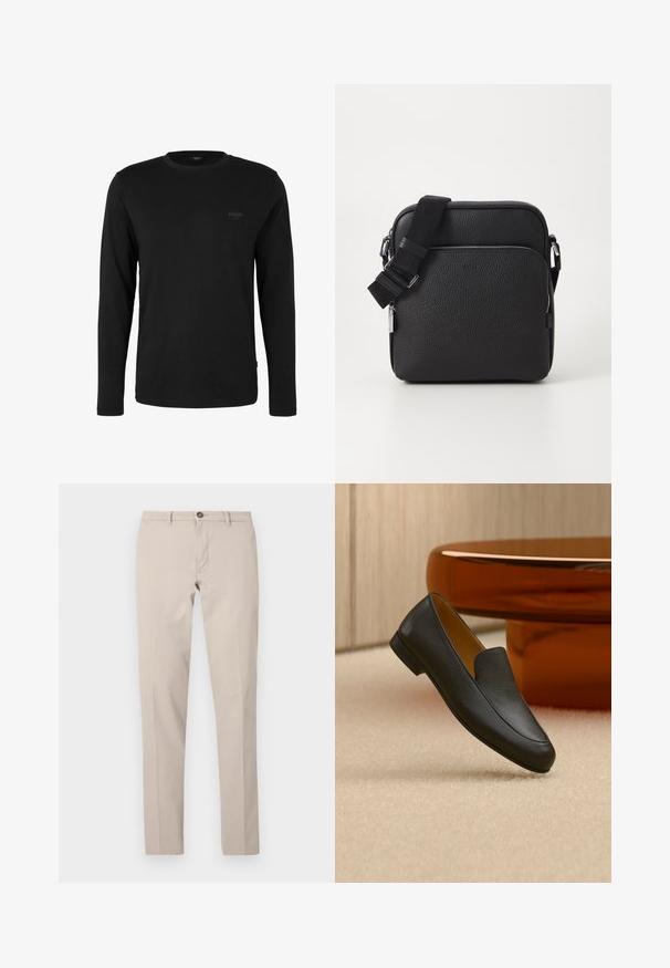 Zwart shirt met lange mouwen en ronde hals met klein "JOOP! JEANS" logo op de linkerborst, weergegeven op een effen witte achtergrond.; Beige slim-fit broek met riemlussen, knoopsluiting en rits aan de voorkant, plat liggend afgebeeld tegen een witte achtergrond.; Zwarte leren loafer die rust op een beige tapijt met een glanzende bruine ronde tafel op de achtergrond.; Zwarte leren schoudertas met een gestructureerd oppervlak, voorzien van een voorzak met rits, een verstelbare schouderband en metalen accenten.