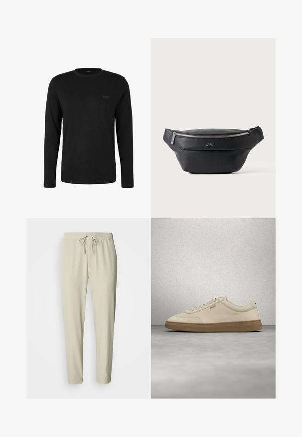 Camiseta negra de manga larga con cuello redondo y pequeño logo "JOOP! JEANS" en el pecho izquierdo, exhibida sobre un fondo blanco liso.; Pantalones beige entallados con cintura elástica y cordón. Tela suave con bolsillos laterales y un ajuste relajado que se estrecha en los tobillos.; Zapatilla de ante beige claro con suela de goma color caramelo, cordones prominentes y detalles de costura sutiles. Diseño limpio con una estética minimalista.; Riñonera de cuero negro texturizado con cremallera plateada y pequeño logotipo BOSS centrado en el bolsillo frontal.