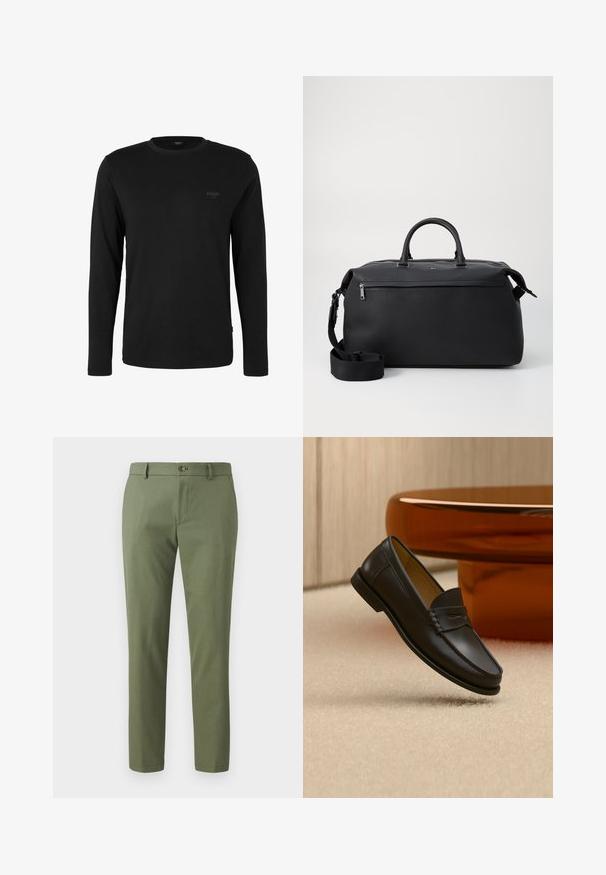 T-shirt noir à manches longues et col rond avec un petit logo "JOOP! JEANS" sur la poitrine gauche, présenté sur un fond blanc uni.; Pantalons verts en tissu texturé, avec une coupe slim, des jambes droites et une fermeture à bouton à l'avant. Convient pour une tenue décontractée ou formelle.; Chaussure mocassin en cuir noir suspendue au-dessus d’un tapis beige avec du mobilier moderne couleur ambre en arrière-plan.; Sac de voyage en cuir noir avec deux poignées supérieures, une bandoulière amovible et une poche avant zippée pour un espace de rangement supplémentaire.
