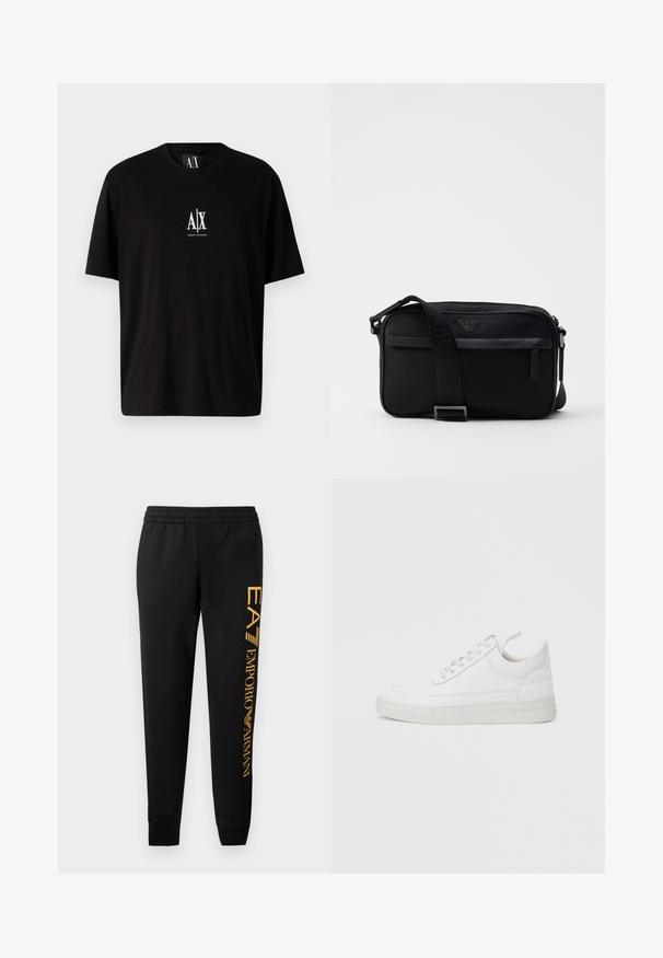 T-shirt en coton noir à manches courtes, col rond, avec un petit logo blanc "A|X" centré sur la poitrine.; Pantalon de survêtement noir avec une taille élastique et des ourlets resserrés. Présente une impression verticale de logo doré sur la jambe gauche. Fabriqué à partir d'un tissu doux.; Baskets en cuir blanc avec un embout arrondi, une semelle plate et un laçage à l'avant. Présentent des détails de couture et un col rembourré pour plus de confort.; Sac à bandoulière en nylon noir avec une sangle contrastante, une forme rectangulaire élégante, un détail de logo et une poche zippée à l'avant.