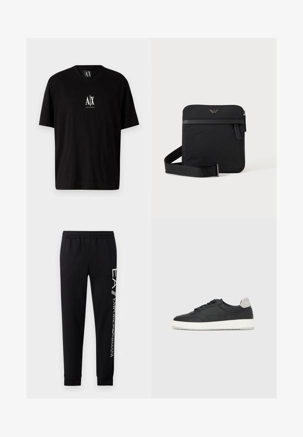 Zwarte katoenen t-shirt met korte mouwen, ronde halslijn en een klein wit logo "A|X" gecentreerd op de borst.; Zwarte sweatpants van een katoenmix, met een elastische tailleband, taps toelopende benen, ribgebreide boorden en een wit logo-opdruk langs de zijkant.; Zwarte lage sneaker met witte zool en grijze hieltab, zijaanzicht op een effen witte achtergrond.; Zwarte vierkante schoudertas met ritssluiting, voorvak en verstelbare band met geperste merknaam.