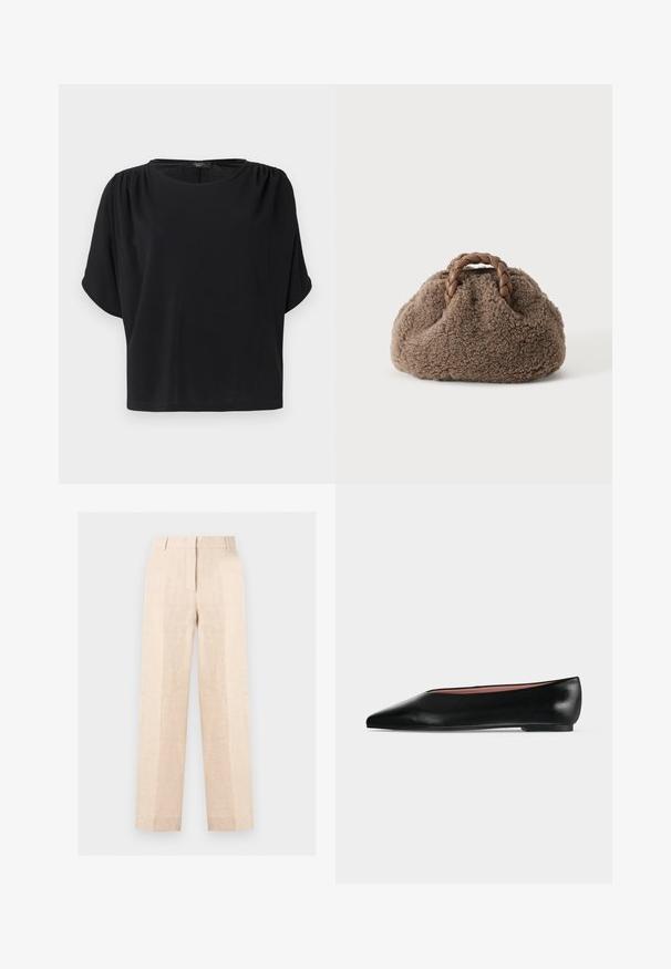 Haut noir à manches courtes avec une coupe décontractée, un col rond et des détails froncés aux épaules, confectionné dans un tissu doux et léger.; Pantalon beige taille haute droit avec pli sur le devant, fermeture éclair dissimulée et passants de ceinture, présenté sur un fond clair uni.; Chaussure plate en cuir noir pour femme, avec bout pointu et petit talon, vue de côté sur un fond gris clair uni.; Petit sac à main marron duveteux avec des poignées en cuir tressé sur un fond uni clair.