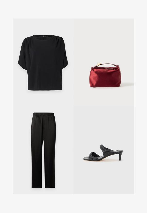 Haut noir à manches courtes avec une coupe décontractée, un col rond et des détails froncés aux épaules, confectionné dans un tissu doux et léger.; Pantalons noirs à jambes droites avec ceinture élastique, en tissu lisse, sans poches ni embellissements visibles, présentés sur un fond blanc.; Sandales à talons noirs avec un bout carré, fabriquées en cuir lisse. Elles présentent des brides froncées et un talon fin pour plus d'élévation.; Trousse de maquillage en satin bourgogne de forme rectangulaire, avec fermeture éclair et une poignée courte. Présente un design minimaliste et une texture lisse.