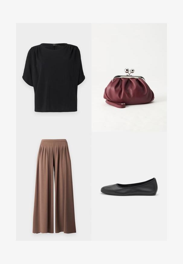 Haut noir à manches courtes avec une coupe décontractée, un col rond et des détails froncés aux épaules, confectionné dans un tissu doux et léger.; Pantalon marron à jambes larges avec une taille haute et des plis sur le devant, créant une coupe fluide et décontractée.; Ballerines en cuir noir avec un bout rond, texture lisse, détails de couture minimalistes et design de semelle flexible.; Petit sac pochette en cuir bordeaux avec fermoir métallique argenté et bracelet sur fond blanc.