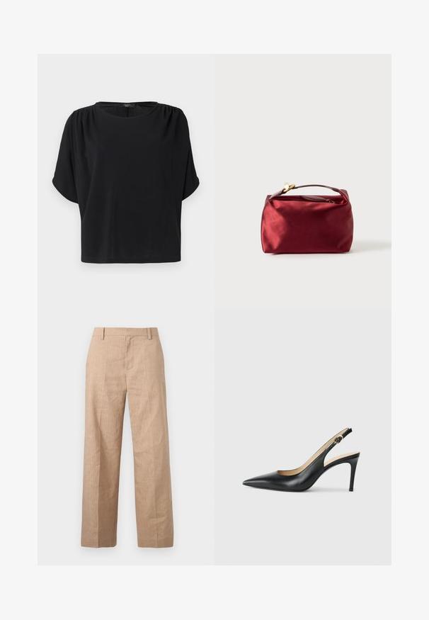 Haut noir à manches courtes avec une coupe décontractée, un col rond et des détails froncés aux épaules, confectionné dans un tissu doux et léger.; Pantalon beige à jambes droites avec de fines rayures verticales, passants pour ceinture et fermeture éclair à l'avant, sur un fond uni.; Escarpins en cuir noir avec une pointe fine, une bride ajustable et un talon aiguille élégant, présentant une finition lisse.; Trousse de maquillage en satin bourgogne de forme rectangulaire, avec fermeture éclair et une poignée courte. Présente un design minimaliste et une texture lisse.