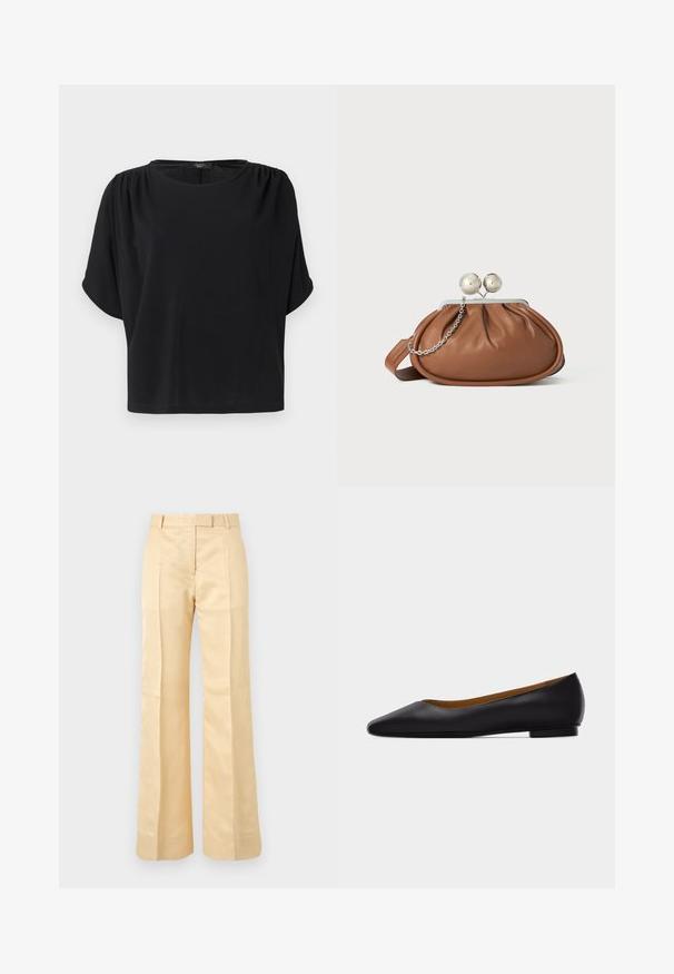Haut noir à manches courtes avec une coupe décontractée, un col rond et des détails froncés aux épaules, confectionné dans un tissu doux et léger.; Pantalon beige à taille haute, coupe droite, avec passants pour ceinture et plis avant sur fond uni.; Chaussure plate en cuir noir à bout pointu avec talon bas et finition lisse, vue de côté sur un fond gris clair.; Pochette en cuir marron avec un fermoir à boule en argent et un petit détail en chaîne argentée sur fond blanc.