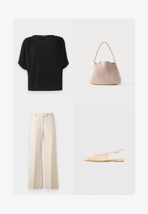 Haut noir à manches courtes avec une coupe décontractée, un col rond et des détails froncés aux épaules, confectionné dans un tissu doux et léger.; Pantalon beige taille haute à jambes droites avec plis devant, passants pour ceinture et fermeture avant dissimulée.; Chaussure plate slingback en beige clair avec une tige en maille, un bout pointu et un petit talon. Dotée d'une sangle ajustable pour un bon maintien.; Sac d'épaule en cuir tissé beige avec une forme arrondie et une anse tressée, doté d'une petite fermeture à bouton en cuir circulaire.