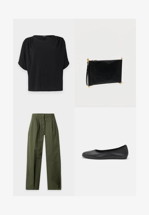 Haut noir à manches courtes avec une coupe décontractée, un col rond et des détails froncés aux épaules, confectionné dans un tissu doux et léger.; Pantalon taille haute vert olive à jambes droites avec passants de ceinture, fermeture par boutons, plis devant et détails de couture au genou.; Ballerines en cuir noir avec un bout rond, texture lisse, détails de couture minimalistes et design de semelle flexible.; Pochette en cuir noir à texture lisse, avec des accents métalliques dorés, une fermeture éclair et une lanière amovible pour le poignet.