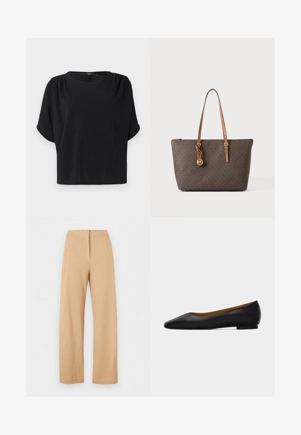 Haut noir à manches courtes avec une coupe décontractée, un col rond et des détails froncés aux épaules, confectionné dans un tissu doux et léger.; Pantalon beige taille haute à jambes larges avec un détail simple de couture frontale et une fermeture dissimulée, présenté sur fond blanc.; Chaussure plate en cuir noir à bout pointu avec talon bas et finition lisse, vue de côté sur un fond gris clair.; Sac cabas Michael Kors marron avec motif monogramme, anses réglables couleur sable, breloque logo dorée et fermeture zippée sur le dessus.