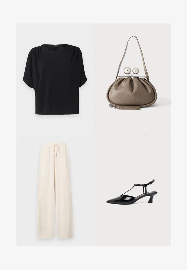 Haut noir à manches courtes avec une coupe décontractée, un col rond et des détails froncés aux épaules, confectionné dans un tissu doux et léger.; Pantalon ample de couleur crème avec ceinture élastique et cordon de serrage, fabriqué en tissu léger.; Chaussure slingback en cuir verni noir à bout pointu avec bride en T et petit talon bloc incliné sur fond blanc.; Sac à main en cuir gris de forme arrondie, fermeture supérieure avec deux grandes sphères argentées, et une seule anse.