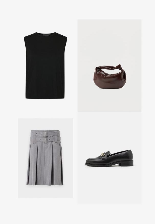 Zwarte mouwloze top met een ronde halslijn, gemaakt van een geribbelde stof, met een losse pasvorm en rechte zoom, ontworpen voor comfort.; Grijze plissé rok met spijkerstreep, dubbele riem en zilveren gespen, met D-ring accenten in de taille.; Zwarte leren instapper met een lage blokhak, voorzien van een goudkleurige hardware accent en gedetailleerde stiksels langs de neus en bovenkant.; Donkerbruine leren schoudertas met een zachte, slungelige vorm en een gedraaide knoopvormige handgreep op een effen witte achtergrond.