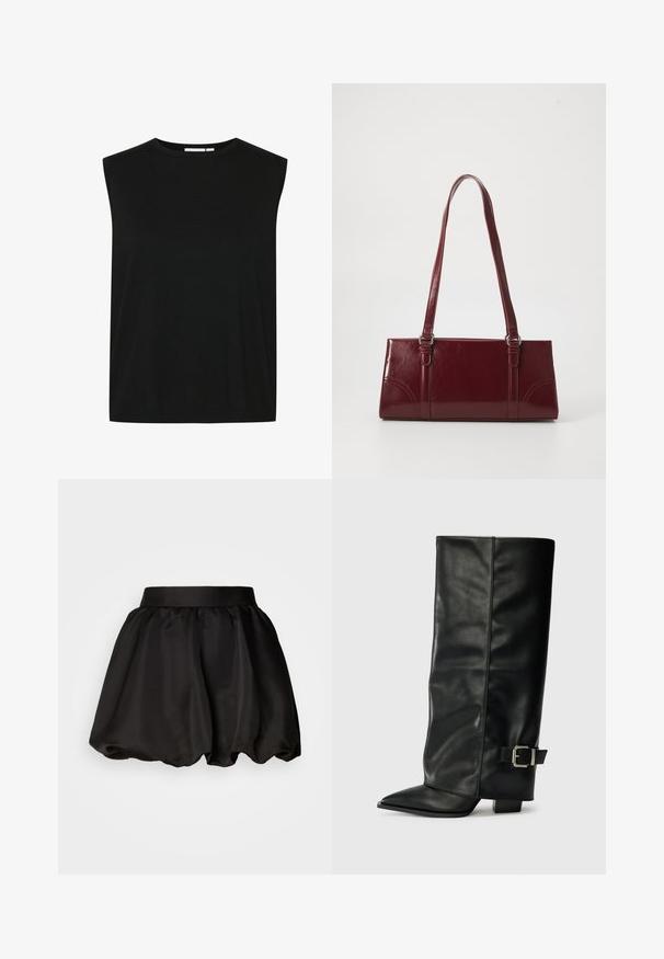 Sort ærmeløs top med rund halsudskæring, lavet af et ribbet stof, med en løs pasform og lige kant, designet til komfort.; Sort satin nederdel med en bred taljeelastik, der har en voluminøs, bobleform. Glat tekstur uden synlige mønstre eller hardwaredetaljer.; Sorte læder ankelstøvler i ankellængde med spids tå, glat tekstur og en sølvspændeaccents på siden. Kraftig firkantet hæl.; Bordeaux håndtaske lavet af glansfuldt materiale, rektangulær form, med to skulderremme og subtile buede detaljer på forsiden.
