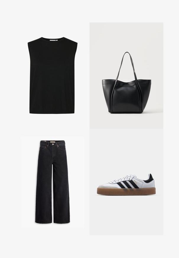 Top sans manches noir avec un col rond, fabriqué en tissu côtelé, présentant une coupe ample et un ourlet droit, conçu pour le confort.; Jean noir à jambe large en denim, comportant cinq poches, des rivets en laiton et une fermeture à bouton classique. Texture lisse avec un design épuré.; Baskets en cuir blanc avec des rayures noires, semelle extérieure en caoutchouc beige, bout rond, fermeture lacée et embout en suède gris doux.; Sac cabas en cuir noir avec deux longues anses et un bord supérieur légèrement incurvé, présenté sur un fond clair uni.