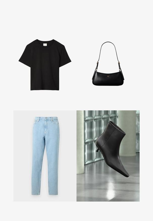 Sort kortærmet T-shirt med rund hals og diskret præget Calvin Klein-logo centreret på brystet.; Lyseblå denimjeans med lige ben, femlommers design og knaplukning. Har subtilt slid og en glat tekstur.; Sort læderankelstøvle med spids tå og lille hæl vist mod en væg af glasblokke og poleret gulv baggrund.; Sort læder mini skuldertaske med tynd rem og lille gyldent CK-logo på fronten i midten.
