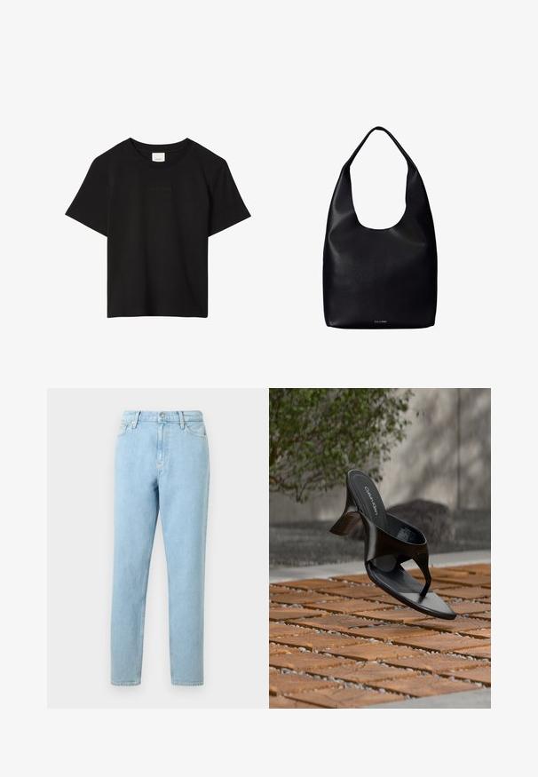Sort kortærmet T-shirt med rund hals og diskret præget Calvin Klein-logo centreret på brystet.; Lyseblå denimjeans med lige ben, femlommers design og knaplukning. Har subtilt slid og en glat tekstur.; Sort Calvin Klein hæl-sandal med åben tå, der svæver over en udendørs flisebelagt overflade med grønne planter og en betonvæg i baggrunden.; Sort læder shoppertaske med en bred enkelt skulderrem og et subtilt Calvin Klein-logo nederst i midten.