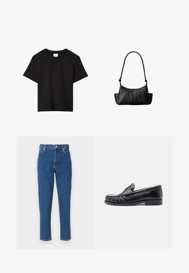 Sort kortærmet T-shirt med rund hals og diskret præget Calvin Klein-logo centreret på brystet.; Blå denim jeans med høj talje, lynlås, fem lommer, lige ben og en diskret fadet tekstur, samt en ren sømfinish.; Sorte læderloafers med rundet tå, karakteristisk syning og en dekorativ rem over vampen. Glat finish og lav hæl.; Sort læder skuldertaske med lang rem, sidelommer og præget Calvin Klein-logo på fronten.