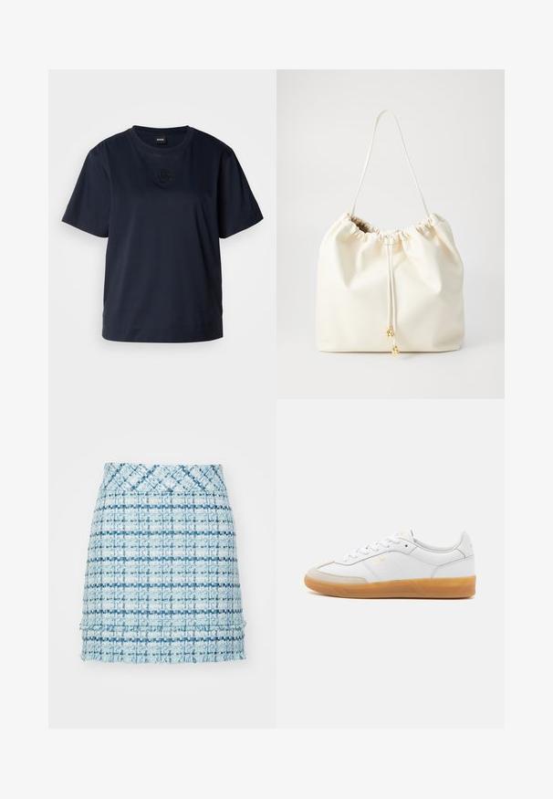 Camiseta de manga corta azul marino hecha de algodón suave. Presenta un cuello redondeado y un sutil logo bordado en el pecho.; Minifalda azul de tweed con un patrón texturizado, que presenta un dobladillo deshilachado y una cinturilla ajustada. El diseño incorpora diferentes tonalidades de azul.; Zapatilla de cuero blanca con acentos de ante beige, suela de goma y diseño de cordones. Presenta un sutil logo en dorado.; Bolso de cuerda de imitación de cuero suave y blanco, con parte superior recogida, correa ajustable y detalles en tono dorado. Textura suave con diseño minimalista.