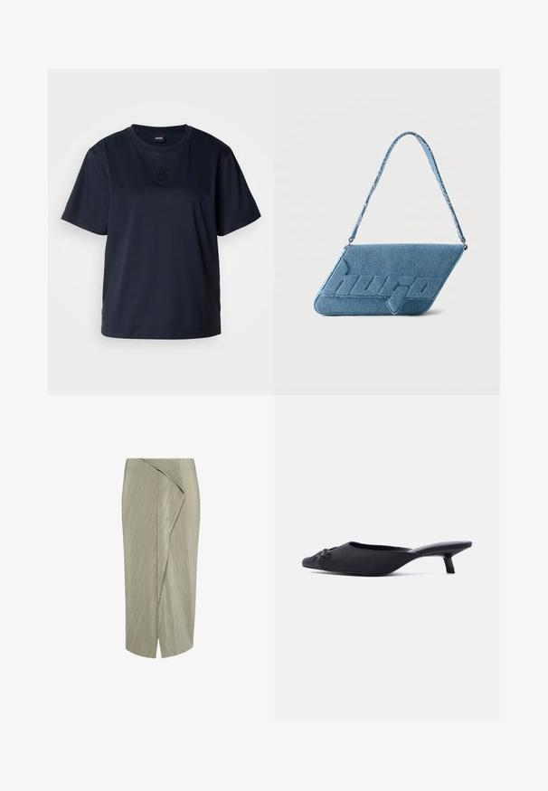 Camiseta de manga corta azul marino hecha de algodón suave. Presenta un cuello redondeado y un sutil logo bordado en el pecho.; Falda beige de cintura alta, hasta la rodilla, con plisados diagonales y un diseño frontal asimétrico y superpuesto.; Zapato mule para mujer negra con punta en punta, parte superior de tela, tacón bajo tipo kitten y un lazo decorativo en la parte delantera, mostrado de perfil.; Bolso de hombro de mezclilla azul con solapa inclinada y logotipo en relieve "hugo", con una correa de mezclilla a juego.
