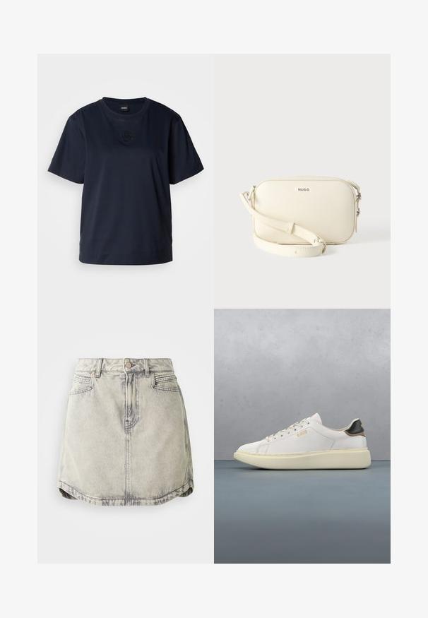 Camiseta de manga corta azul marino hecha de algodón suave. Presenta un cuello redondeado y un sutil logo bordado en el pecho.; Falda de denim en gris claro con textura desgastada, que cuenta con una cinturilla abotonada, bolsillos frontales y un dobladillo ligeramente curvado.; Zapatilla blanca con parte superior de cuero suave, presenta un talón de cuero en tonos marrón y negro, cordones redondos y una suela de goma beige gruesa. Detalle del logo en dorado.; Bolso bandolera de cuero crema con forma rectangular, cierre de cremallera, correa ajustable y detalle de logo en la parte frontal. Textura suave.