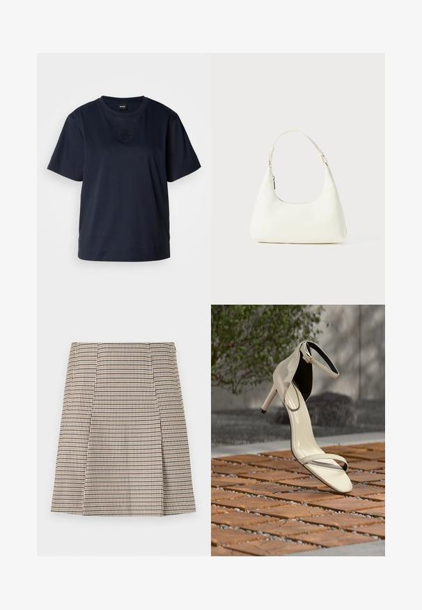 Camiseta de manga corta azul marino hecha de algodón suave. Presenta un cuello redondeado y un sutil logo bordado en el pecho.; Falda hasta la rodilla con patrón de cuadros grandes en marrón y negro, con forma ligeramente acampanada y detalle de botones en el lateral.; Sandalia de tacón alto beige con correa en el tobillo, sobre listones de madera al aire libre, con fondo desenfocado de vegetación y concreto.; Pequeño bolso blanco de hombro con una sola correa ajustable y un cierre de cremallera, situado sobre un fondo blanco liso.