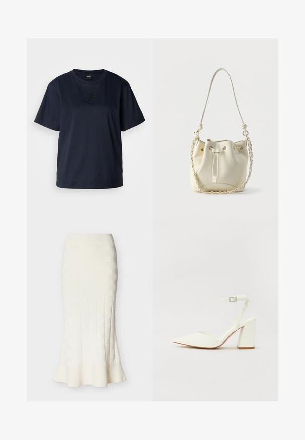 Camiseta de manga corta azul marino hecha de algodón suave. Presenta un cuello redondeado y un sutil logo bordado en el pecho.; Falda lápiz midi blanca con patrón de cuadrados texturizados y detalle de dobladillo acampanado sobre un fondo neutro.; Sandalia blanca de tacón con puntera afilada, correa ajustable en el tobillo y un tacón cuadrado grueso. Textura lisa con detalles de costura mínimos.; Bolso bombonera de cuero crema con cierre de cordón, cadena trenzada y correa de cuero para el hombro, y ojales en tono dorado.