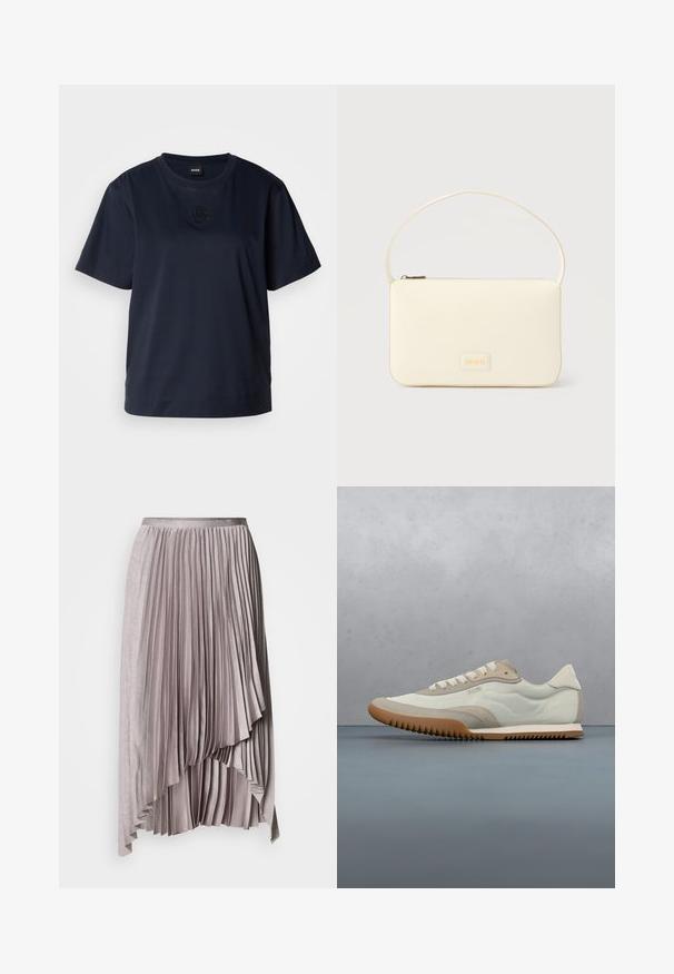 T-shirt bleu marine à manches courtes en coton doux. Il présente un col rond et un logo brodé subtil sur la poitrine.; Jupe plissée asymétrique mauve clair avec ceinture en satin et ourlet en cascade superposé, sur fond uni.; Sneakers blancs et beiges avec une tige lisse et des accents en daim, une semelle texturée et des coutures ton sur ton. Fermeture à lacets avec détail de logo.; Sac à main rectangulaire de couleur crème avec une seule sangle et une fermeture éclair sur le dessus, comportant une petite plaque de logo embossé à l'avant.