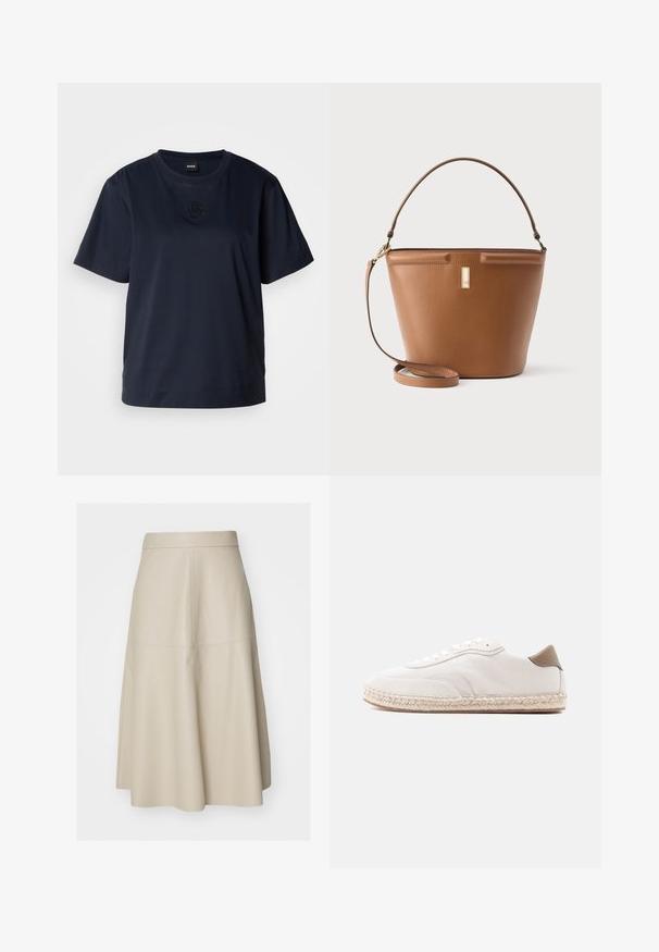 Marineblå kortærmet t-shirt lavet af blødt bomuld. Har en rund halsudskæring og et diskret broderet logo på brystet.; Beige A-formet midi-nederdel med synlige sømvdetaljer og en tætsiddende talje, lavet af glat læderlignende materiale.; Hvid sneakers med øverste del i ruskind, beige accenter og en sål vævet af jute. Har flade snørebånd og et side logo med mærke.; Brun læder bucket-taske med en glat tekstur, et kort håndtag og en aftagelig skulderrem. Har en accent i guldfarvet metal.