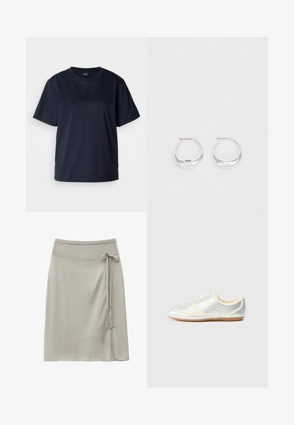 Camiseta de manga corta azul marino hecha de algodón suave. Presenta un cuello redondeado y un sutil logo bordado en el pecho.; Falda cruzada gris claro hasta la rodilla con lazo lateral y cinturilla ancha acanalada, hecha de tela suave y lisa.; Zapatillas sintéticas plateadas con detalles en crema, perfil bajo, puntera redonda y suela de goma plana; cuentan con costuras clásicas y cierre de cordones.; Pendientes de aro de plata con un acabado pulido y la marca DKNY, exhibidos sobre un fondo blanco liso.