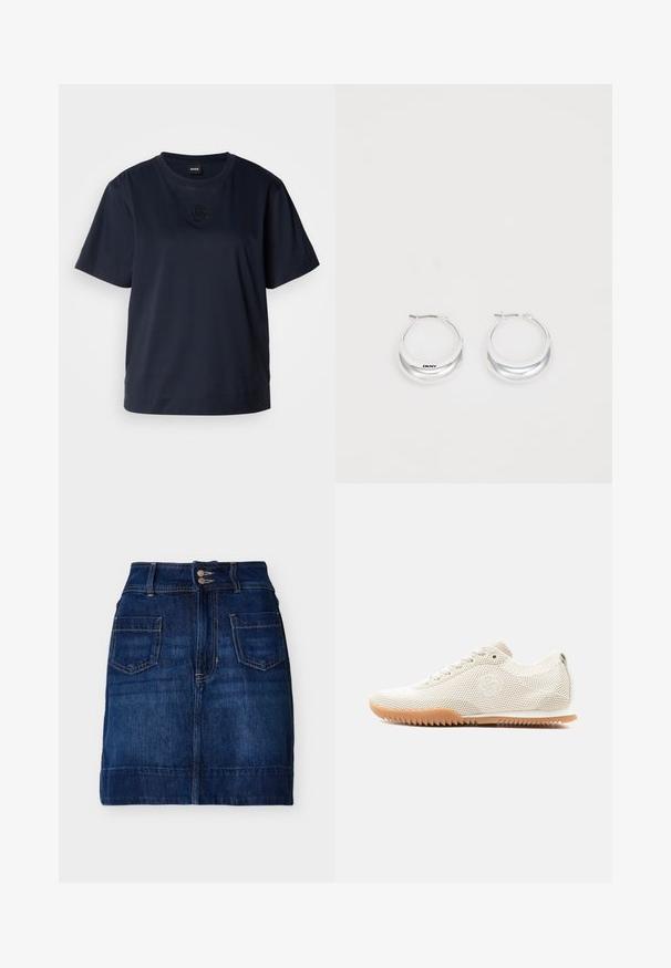 Marineblå kortærmet t-shirt lavet af blødt bomuld. Har en rund halsudskæring og et diskret broderet logo på brystet.; Mørkeblå denimnederdel med forlommer, dobbel knaplukning, bæltestropper og synlige sømme, lagt fladt på en hvid baggrund.; Lysebeige net-sneaker med snørebånd, gummisål med zigzag-mønster og diskret broderet logo på siden, vist fra venstre profil.; Sølv hoops øreringe med en poleret overflade og DKNY branding, præsenteret mod en simpel hvid baggrund.